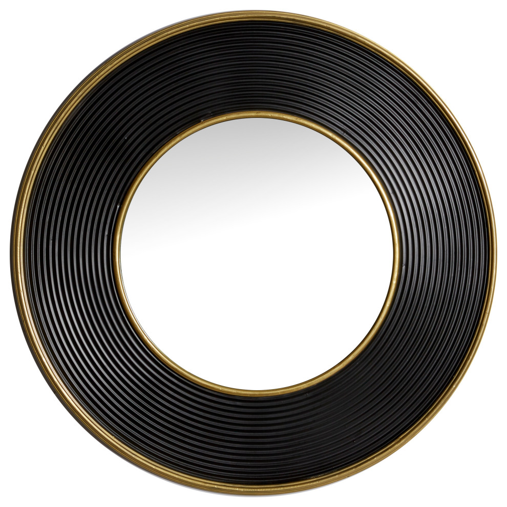 Large Gold And Black Metal Rimmed Wall Mirror, 35" X 35" Transitional
