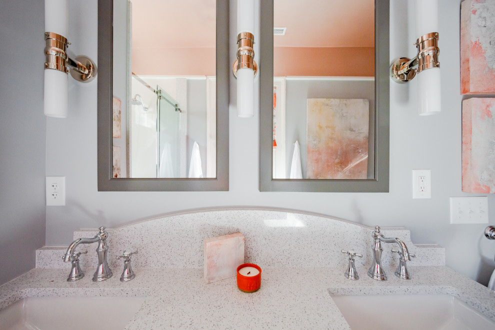 Example of a mid-sized transitional master white tile and porcelain tile gray floor, double-sink and marble floor freestanding bathtub design in Charleston with shaker cabinets, gray cabinets, a two-piece toilet, an undermount sink, white countertops, a built-in vanity, gray walls and quartz countertops