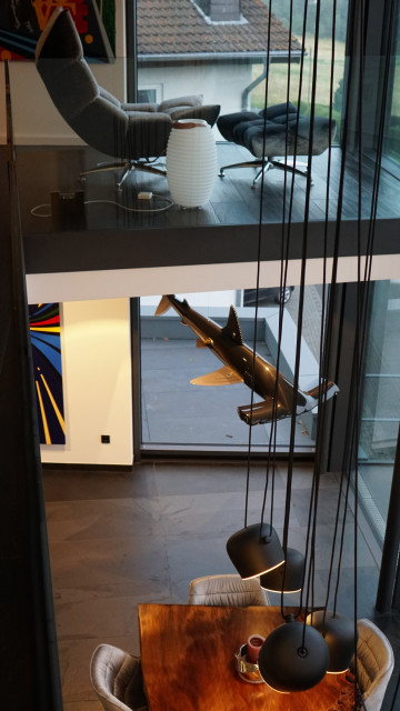 Blick von der Galerie ins Erdgeschoss modern-vardagsrum