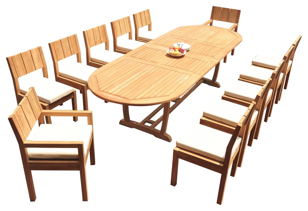 13Piece Outdoor Teak Dining Set 117" Masc Oval Extension Table, 12
