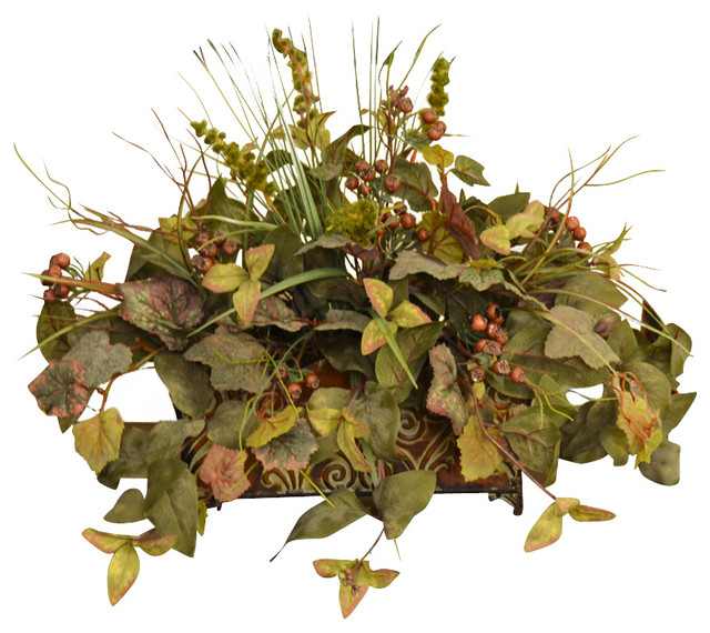 Silk Magnolia Leaf Greenery with Grasses Ledge Plant Traditional