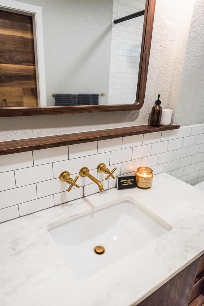 This is an example of a small midcentury master bathroom in Dallas with flat-panel cabinets, dark wood cabinets, a double shower, white tile, ceramic tile, grey walls, cement tiles, an undermount sink, marble benchtops, multi-coloured floor and a sliding shower screen.