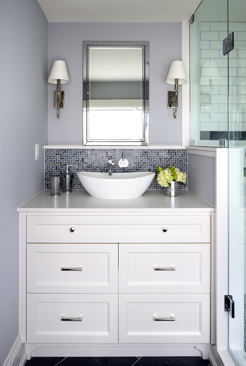 Transitional Tranquility: White Vanity and Countertops for Blue Design