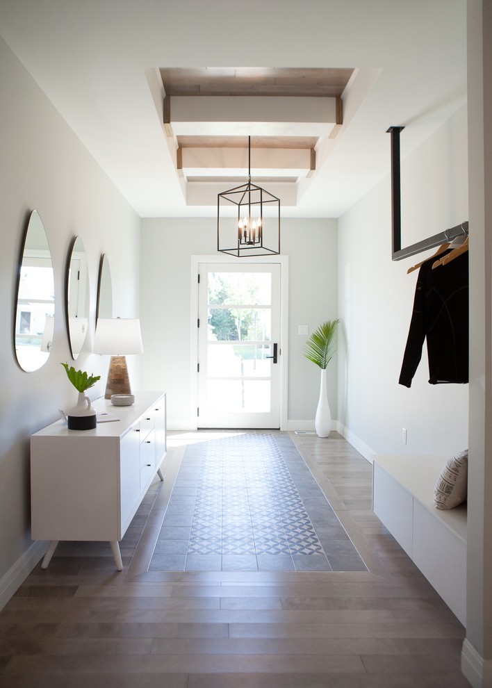 This is an example of a large country entry hall in Other with white walls, medium hardwood floors, a single front door, a glass front door and brown floor.