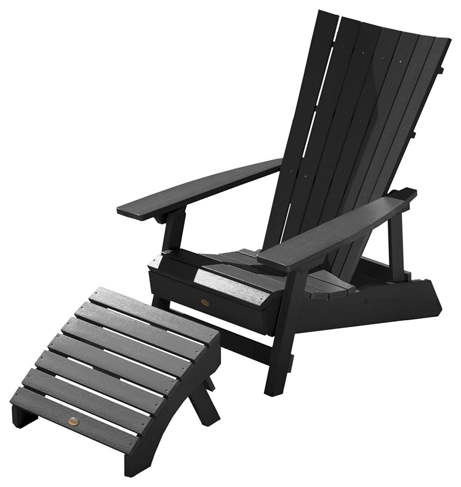 Unique Adirondack Chair With Folding Ottoman, Slatted High Back