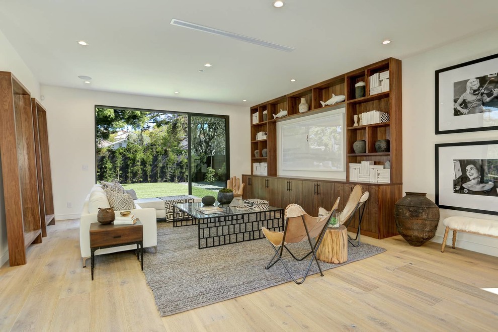 Inspiration for a modern family room in Los Angeles with a built-in media wall.