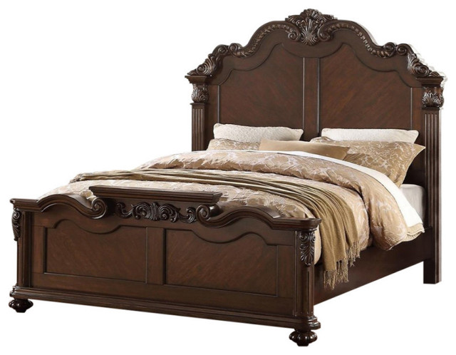Benzara BM168471 Carved Queen Wooden Bed, Dark Walnut And Veneer Finish