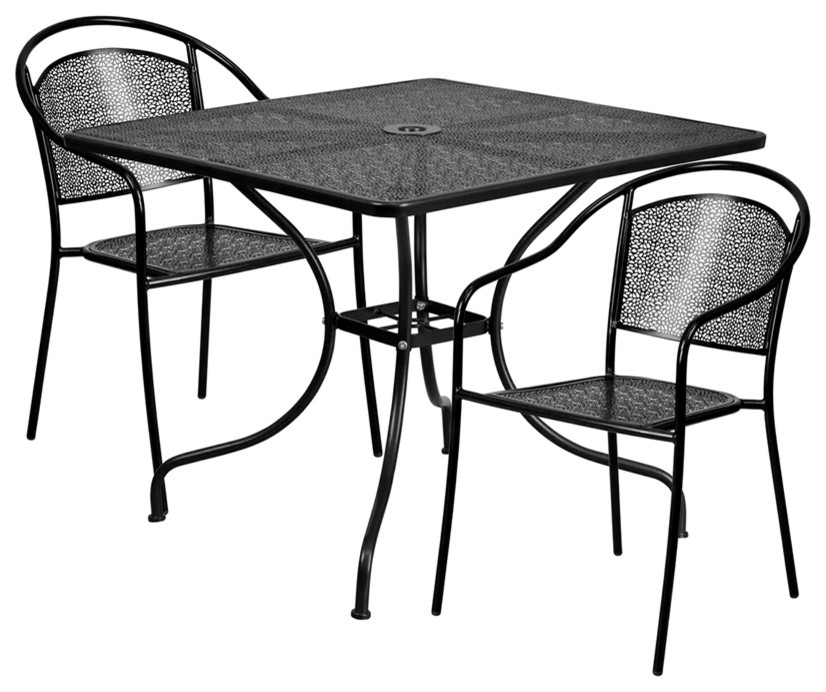 35.5'' Square Black Indoor-Outdoor Steel Patio Table Set, 2 Round Back Chairs