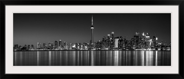 Toronto City Skyline With Cn Tower At Night Black And White Black Framed
