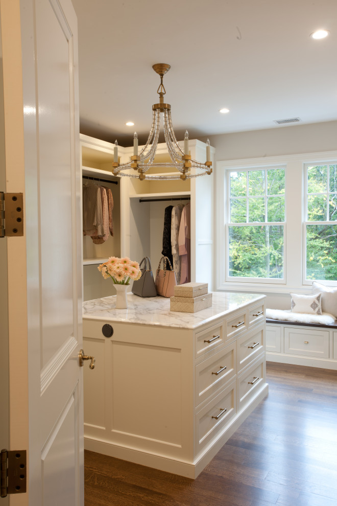Inspiration for a large transitional women's walk-in wardrobe in Boston with beaded inset cabinets, white cabinets, dark hardwood floors, brown floor and vaulted.