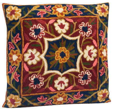 Floral Cushion Cover from Kashmir with Dense Chain Stitch Embroidery