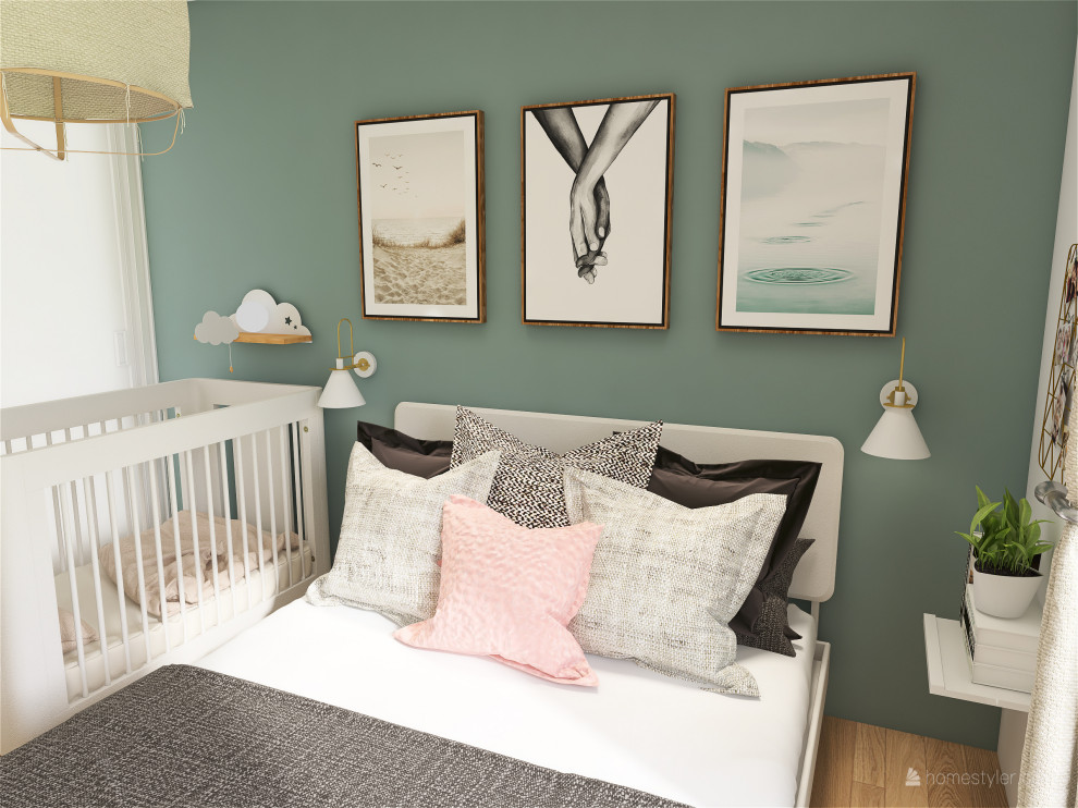 Imagen de dormitorio principal contemporáneo de tamaño medio con paredes azules