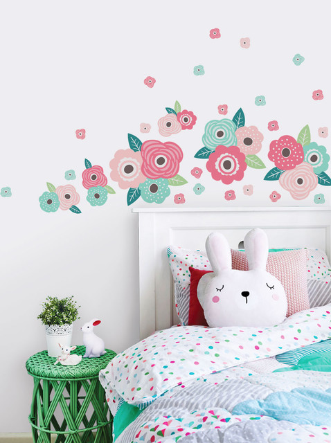 Kids Flower Vinyl Wall Sticker, Spring Pink and Mint Blooms