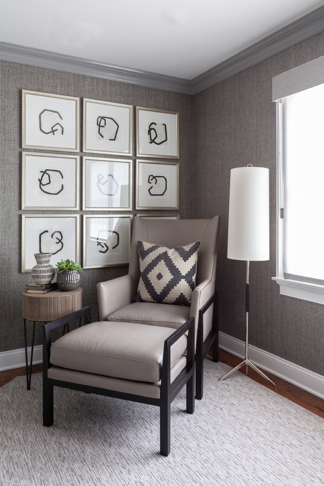 Photo of a transitional study room in New York with grey walls.