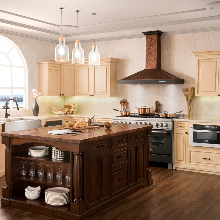 Kitchens featuring a ZLINE Copper Wall Range Hood