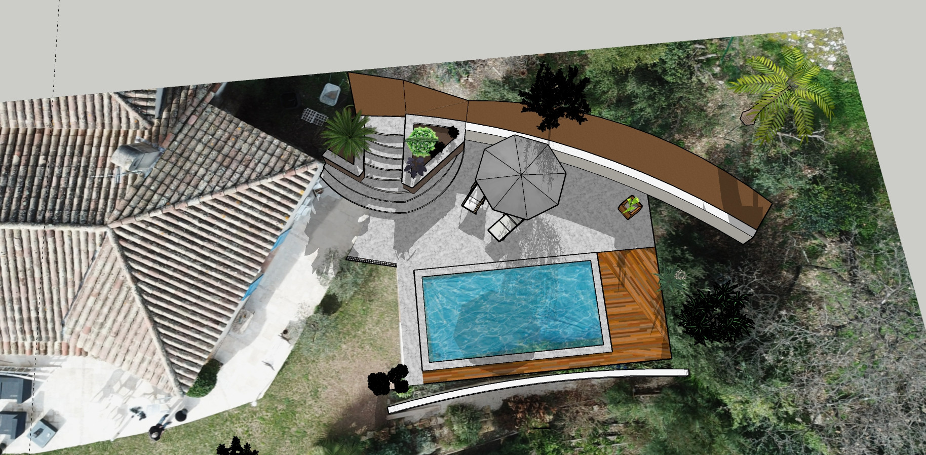 3D de l'aménagement de la terrasse et de la piscine