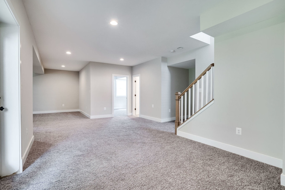 Inspiration for a large walk-out carpeted and gray floor basement remodel in DC Metro with gray walls