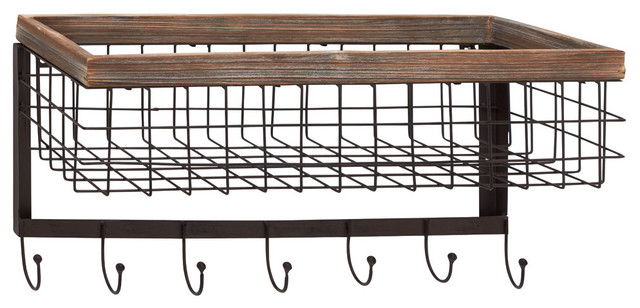 Wood And Metal Wall Basket Hook Industrial Organizers