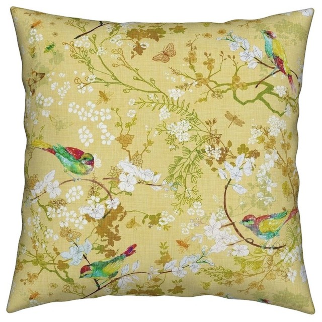 Chinoiserie Bird Spring Bees Dragonfly Garden Lumbar Pillow Cover by Roostery