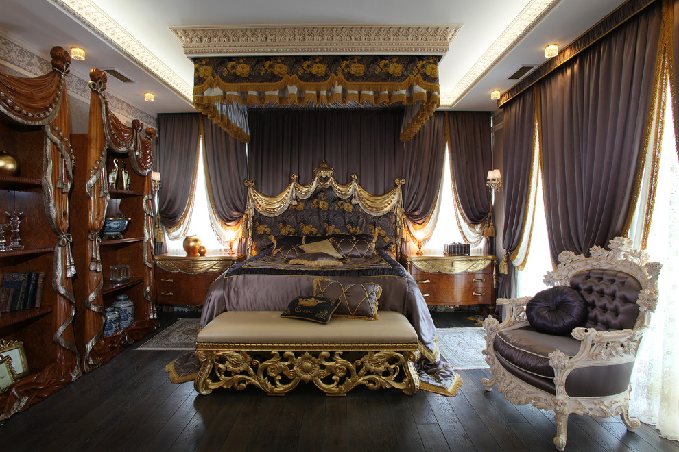 This is an example of a large traditional master bedroom in Moscow with white walls, dark hardwood floors and brown floor.