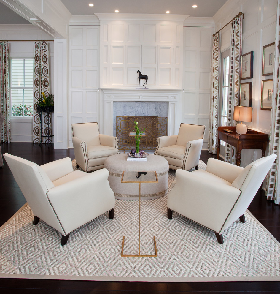 Transitional formal open concept living room in Houston with white walls, dark hardwood floors, a standard fireplace, a stone fireplace surround and no tv.