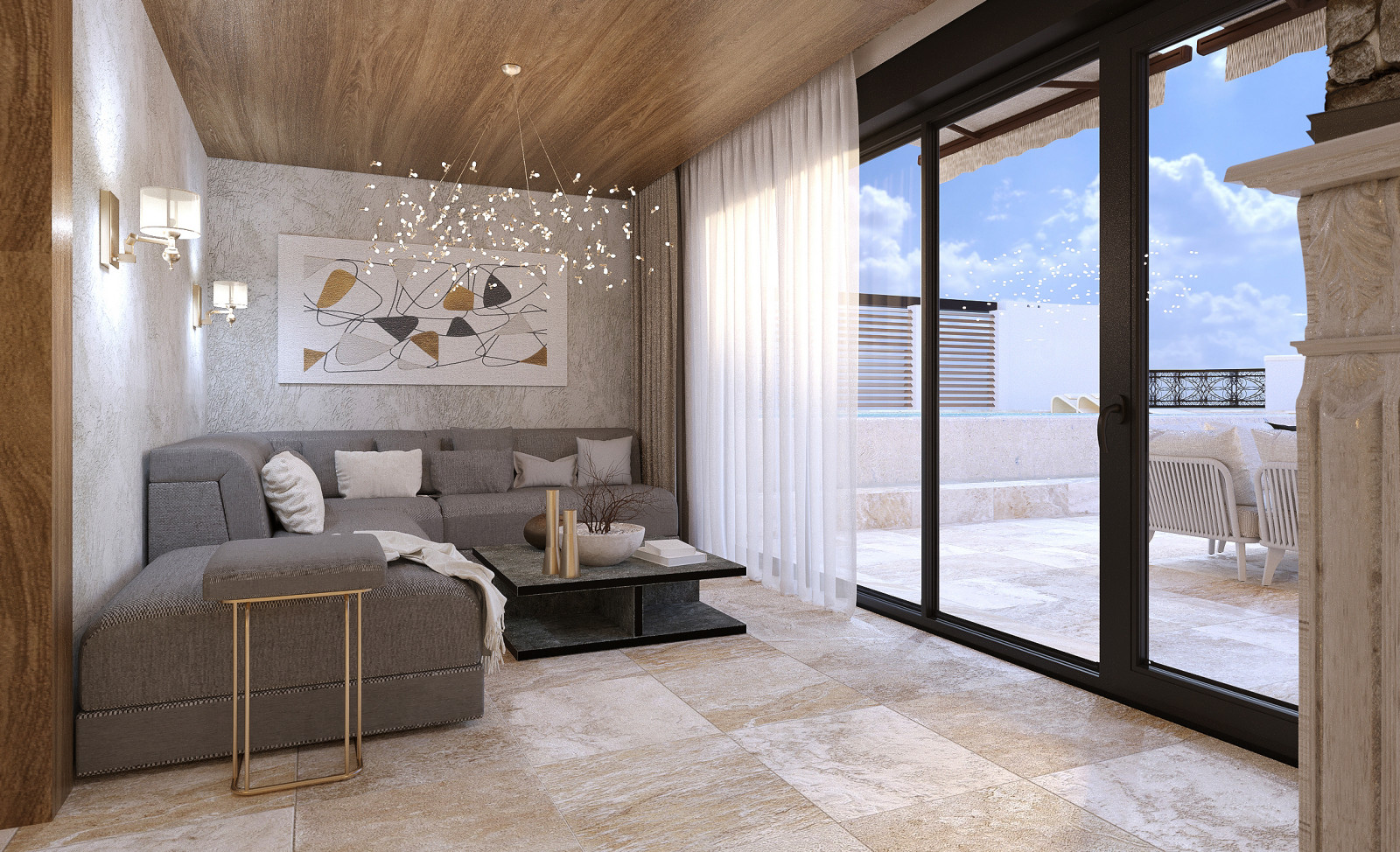 Проект интерьера террасы с камином