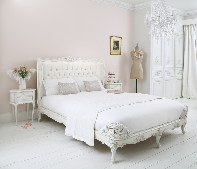 Provencal Ivory Velvet Upholstered Bed Shabby Chic Style