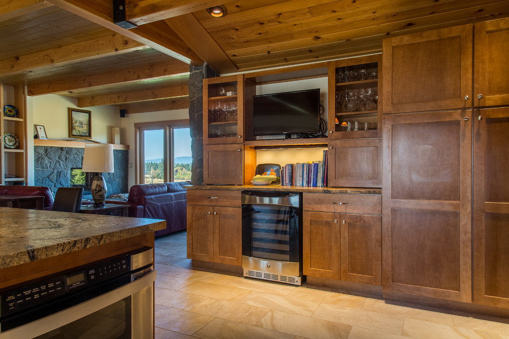 Example of a large transitional l-shaped travertine floor open concept kitchen design in Portland with an undermount sink, recessed-panel cabinets, medium tone wood cabinets, granite countertops, multicolored backsplash, stainless steel appliances and an island
