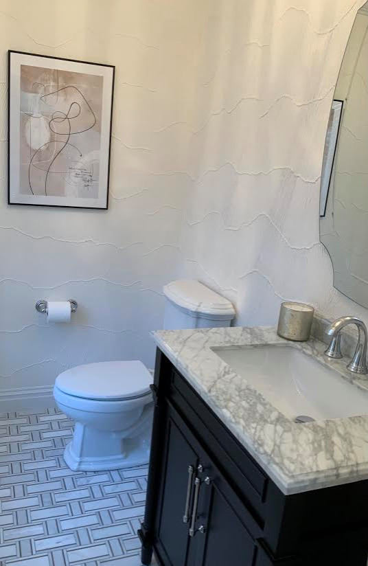 Elegant White and Black Powder Room with Amazing Phillip Jeffries Wall Coverings