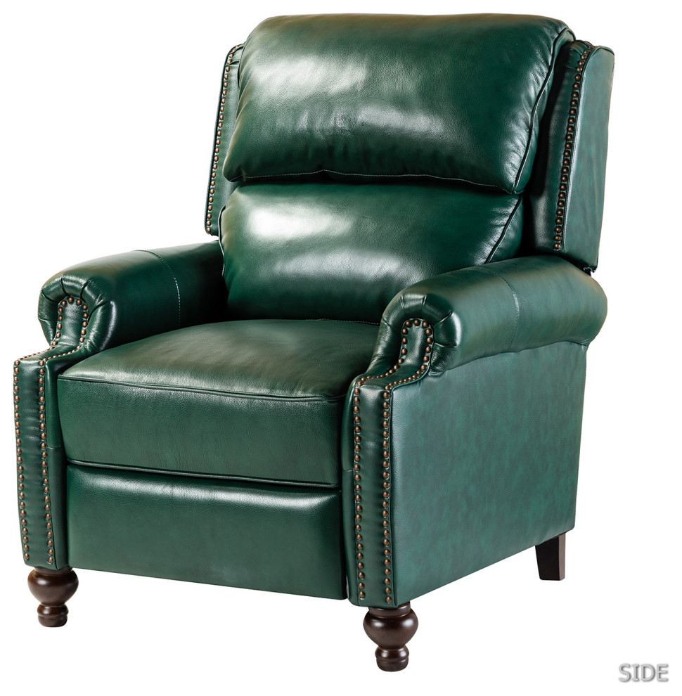 Genuine Leather Cigar Recliner With Nail Head Trim, Green