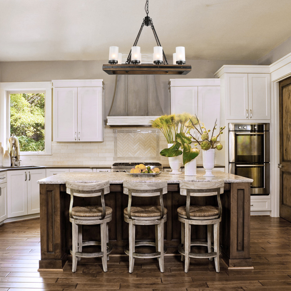 Small country u-shaped eat-in kitchen in Atlanta with a single-bowl sink, beaded inset cabinets, white cabinets, wood benchtops, white splashback, ceramic splashback, white appliances, plywood floors, with island, brown floor and white benchtop.