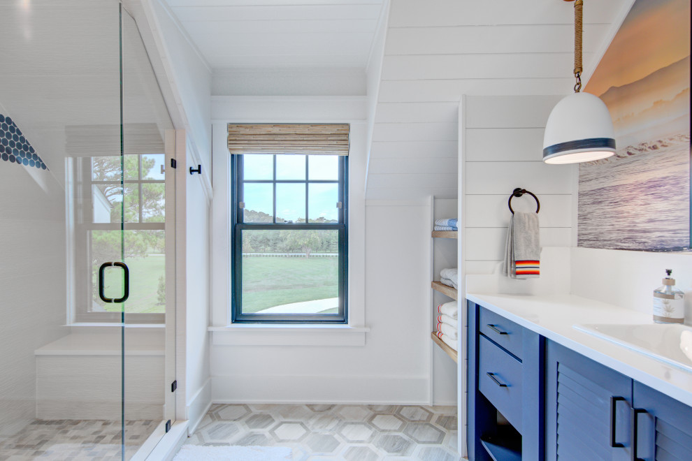 Design ideas for a farmhouse bathroom in Other with freestanding cabinets, blue cabinets, a walk-in shower, white tiles, porcelain tiles, porcelain flooring, quartz worktops, a hinged door, white worktops, a single sink, a freestanding vanity unit, a wood ceiling and tongue and groove walls.