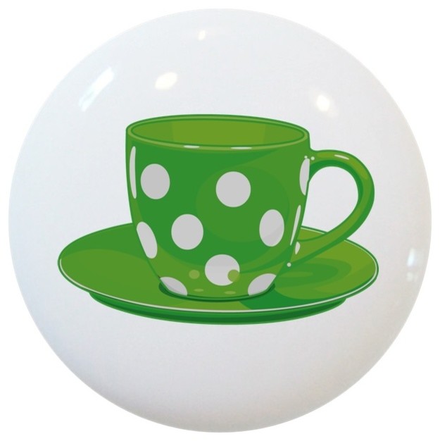 Green Polka Dots Coffee Cup Ceramic Cabinet Drawer Knob