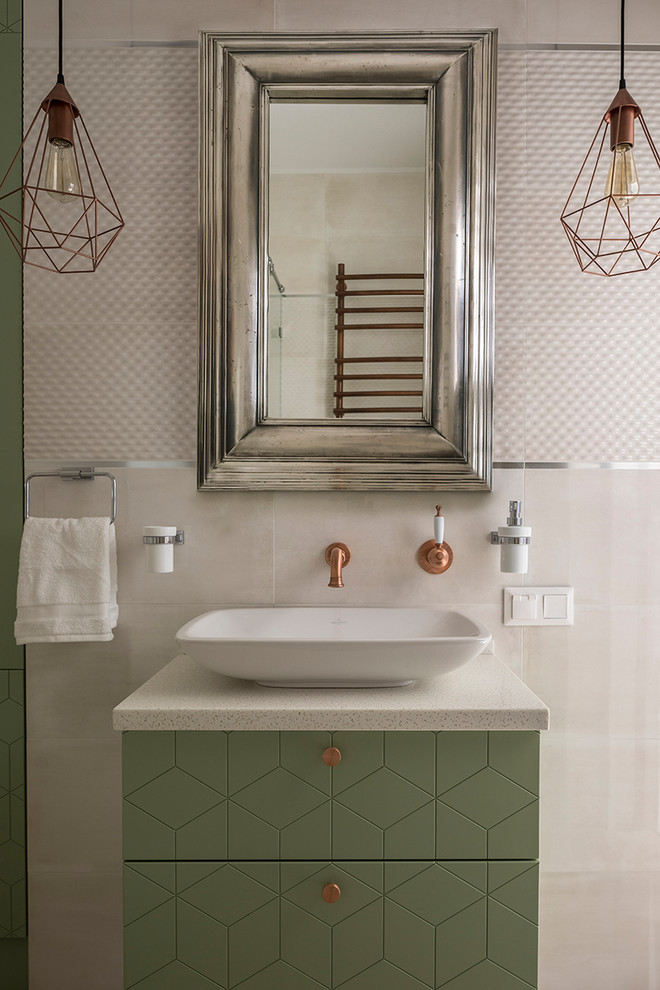Design ideas for a contemporary 3/4 bathroom in Moscow with green cabinets, white tile and a vessel sink.