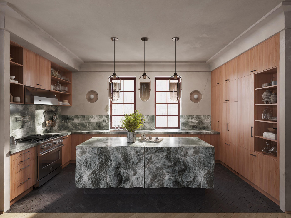 This is an example of a large midcentury u-shaped eat-in kitchen in New York with an undermount sink, flat-panel cabinets, medium wood cabinets, marble benchtops, green splashback, marble splashback, stainless steel appliances, brick floors, with island, black floor and green benchtop.