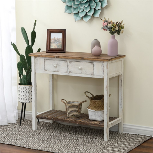 Pemberly Row Rustic Wood Console Entryway Table in Off White and ...