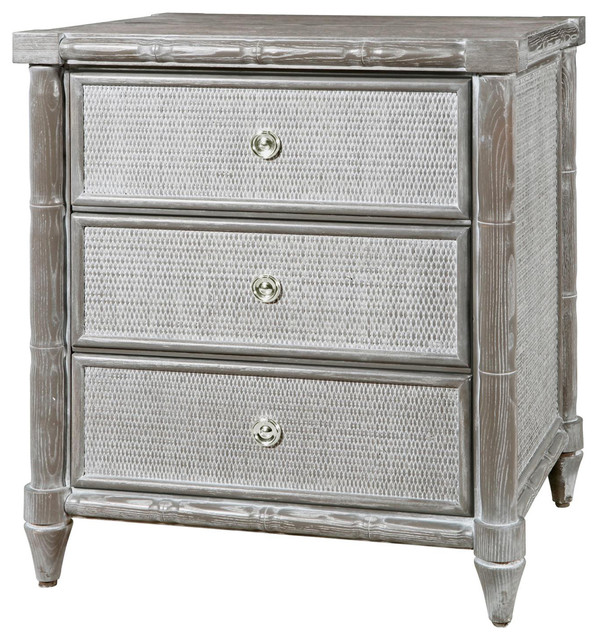 Kathy Kuo Home Jayle Regency Bamboo Rattan 3 Drawer Nightstand Grey