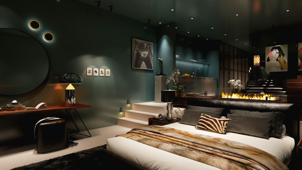 Réalisation d'une grande chambre minimaliste avec un mur vert, une cheminée ribbon, un manteau de cheminée en bois et un sol beige.