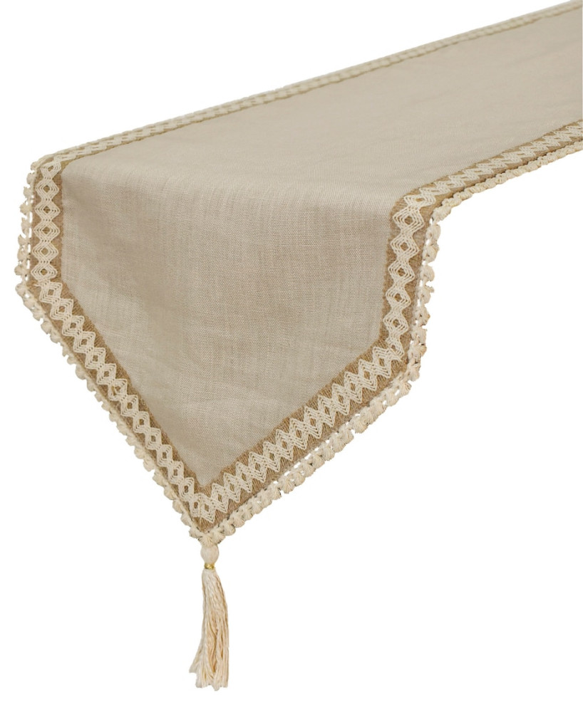 Decorative Table Runner Beige Linen 14"x108" Lace, Tassels - Timeless Linen Loom
