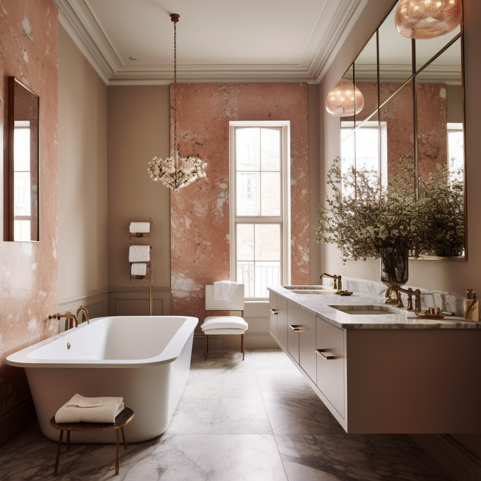Стильный дизайн: большая детская ванная комната в стиле ретро с плоскими фасадами, светлыми деревянными фасадами, отдельно стоящей ванной, розовой плиткой, мраморной плиткой, розовыми стенами, мраморным полом, мраморной столешницей, черной столешницей, тумбой под две раковины и подвесной тумбой - последний тренд