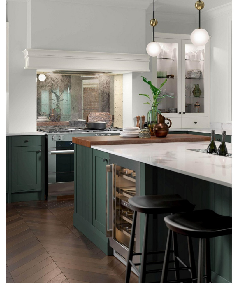 Design ideas for a large traditional l-shaped open plan kitchen with a belfast sink, shaker cabinets, green cabinets, quartz worktops, glass sheet splashback, stainless steel appliances, dark hardwood flooring, an island, brown floors and yellow worktops.
