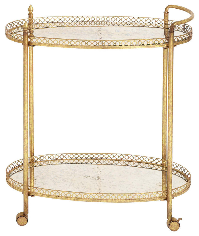 Elegant Valet Cart Wheels Upper Glass Trays Antique Gold Dining Decor 93749