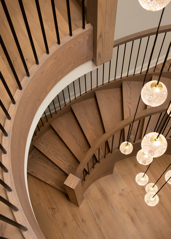 Свежая идея для дизайна: большая изогнутая деревянная лестница в стиле модернизм с деревянными ступенями и деревянными перилами - отличное фото интерьера