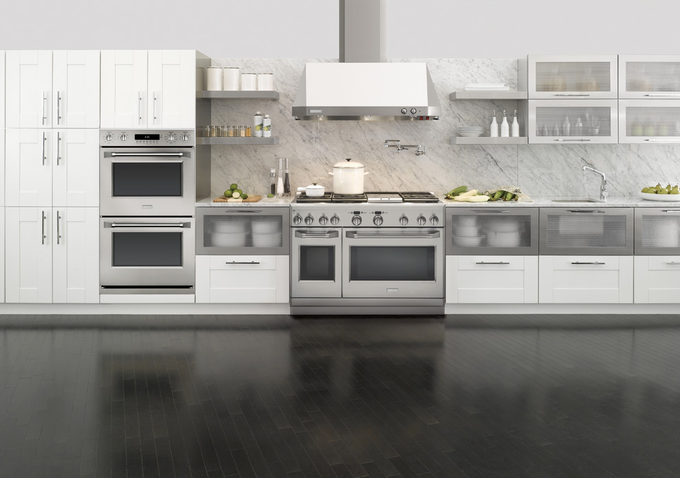 Kitchen - large transitional single-wall dark wood floor and black floor kitchen idea in Cincinnati with an undermount sink, shaker cabinets, white cabinets, marble countertops, gray backsplash, stone slab backsplash, stainless steel appliances, no island and gray countertops
