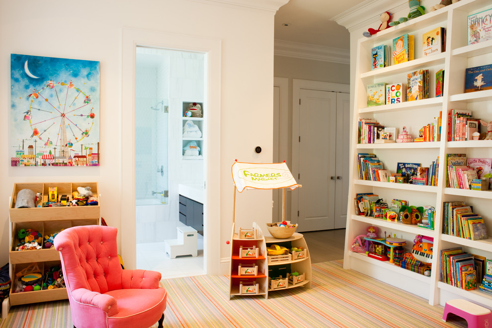 Contemporary gender-neutral kids' room in Other with white walls.