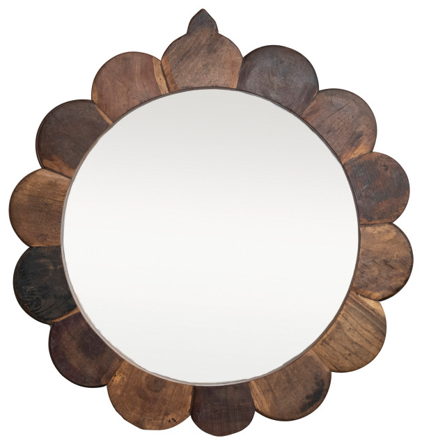 35 Inches Round Vintage Reclaimed Wood Framed Scalloped Wall Mirror