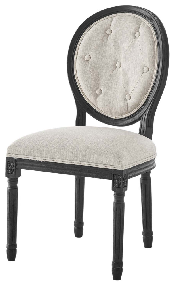 French Vintage Side Dining Chair, Fabric, Wood, Black Beige, Modern