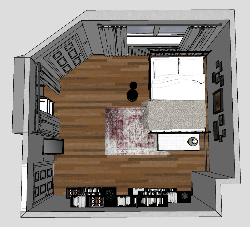 Idéer för mellanstora funkis huvudsovrum, med vita väggar, laminatgolv och brunt golv
