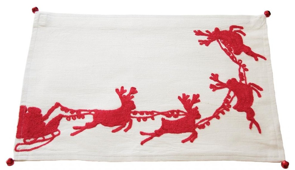 Santa's Sleigh With Bells&Reindeer Crewel Holiday Double Layers Placemat