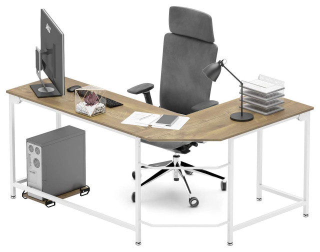 Modern L Shaped Desk, Metal Base With Particle Board Tabletop